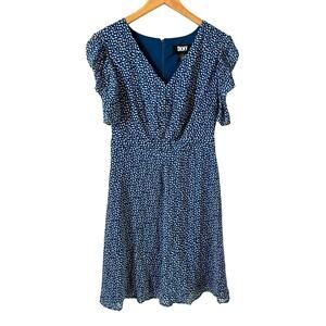 DKNY New Women's Mini Dress V-Neck Ruched Puff Sleeve Spotted Blue Size 2 Summer